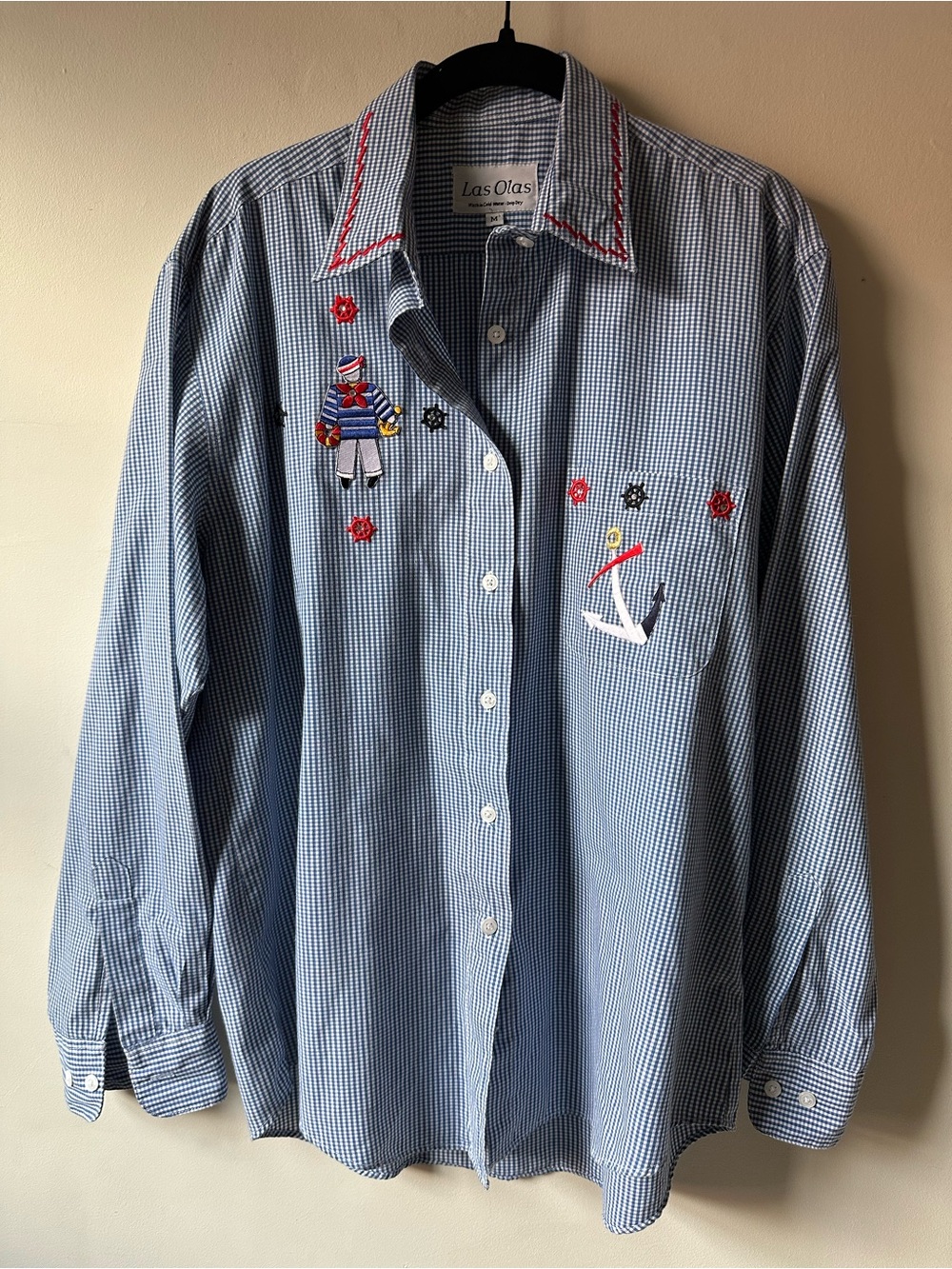 Vintage Las Olas Nautical Embroidered Striped Button Up Beachy Coastal